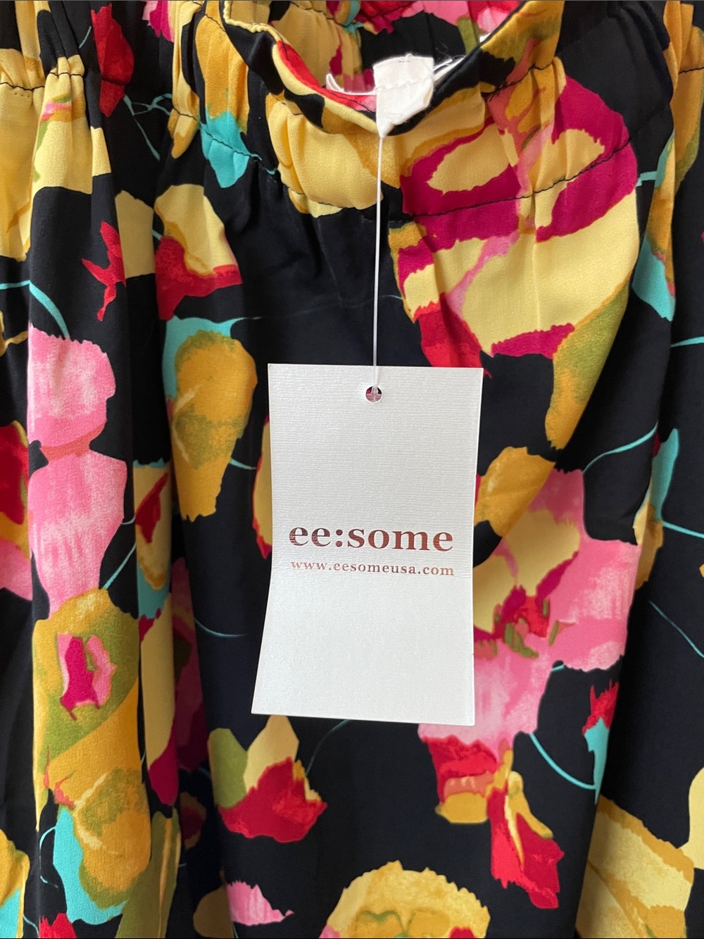 Black Floral Tie-Shoulder Sundress with Yellow and Pink Blooms - Picture 3 of 3